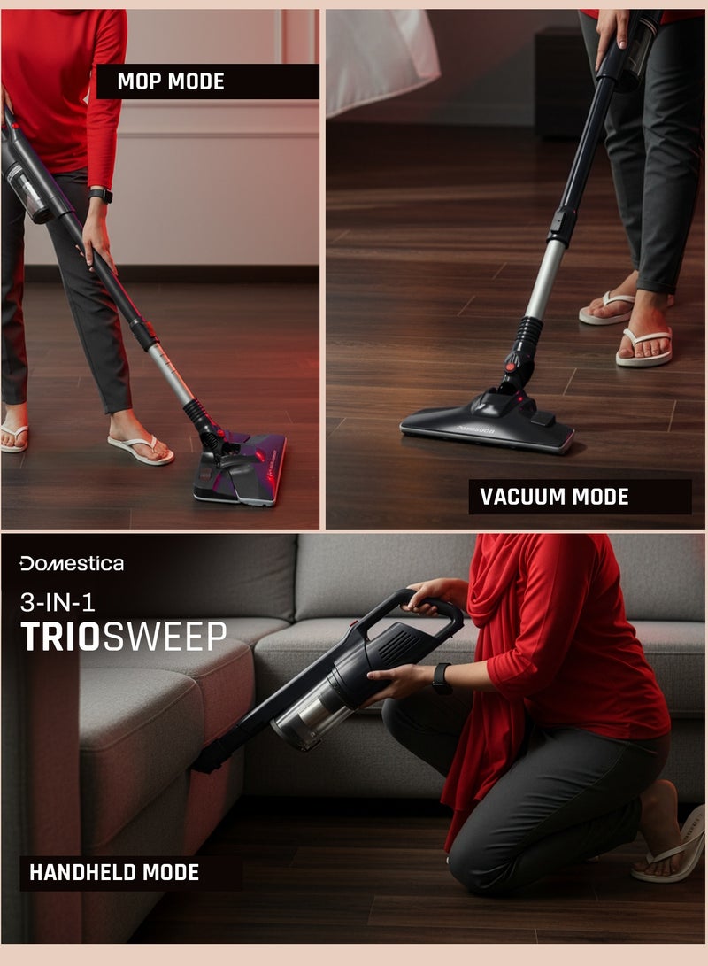 دوماستيكا مكنسة تريو سويب الكهربائية ٣ في ١ للتنظيف الجاف والرطب للمنزل، مزودة بخزان مياه سعة ٨٠٠ مل وممسحة | مكنسة كهربائية يدوية سلكية بقوة شفط ٢٠ كيلو باسكال قابلة للفصل للاستخدام المنزلي | تنظيف الأرضيات وإزالة البقع الرطبة والتنظيف الجاف، لون أسود - Image 3