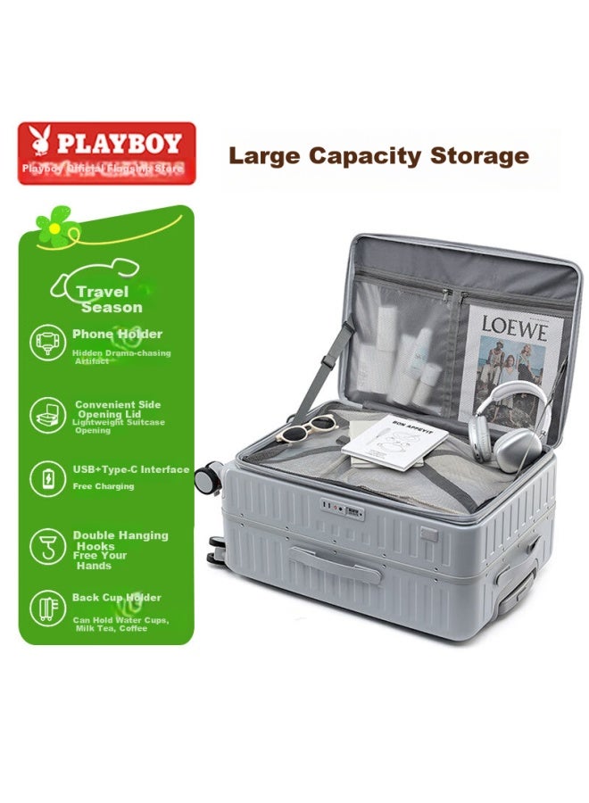 Playboy Luggage, Carry-on Suitcase, Side-opening, Password Lock, Leather Case For Men And Women, Starry Gray, 24 Inches - Image 1