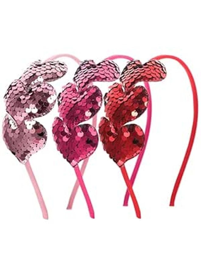 Valentines Day Heart Headbands Set Of 3 Sequin Cloth Hair Bands For Party Daily Wear - Image 1