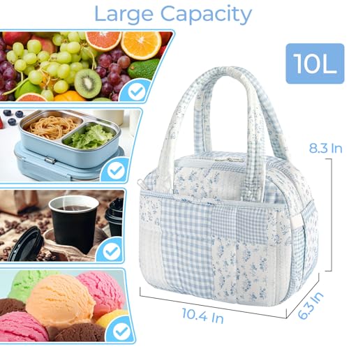 shiprabags Quilted Lunch Box for Women Lightweight Insulated Lunch Bag Cute Patchwork Lunch Tote for Work Gym PicnicTravel Office Green Blue Pin M - Image 3