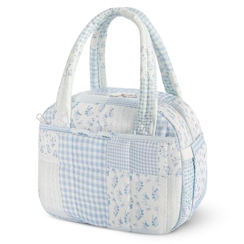 shiprabags Quilted Lunch Box for Women Lightweight Insulated Lunch Bag Cute Patchwork Lunch Tote for Work Gym PicnicTravel Office Green Blue Pin M - Image 1