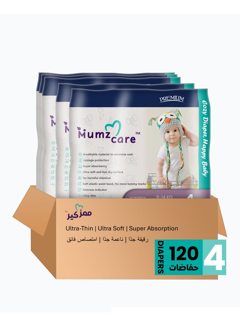 Mumz Care Mumz Care Baby Diapers, Ultra-Thin with Super Absorbency,  Size 4, 9-14 Kg,  5 Pack & 120 Diapers. Breathable material, Ultra soft and fast dry surface to minimize rash - Image 1