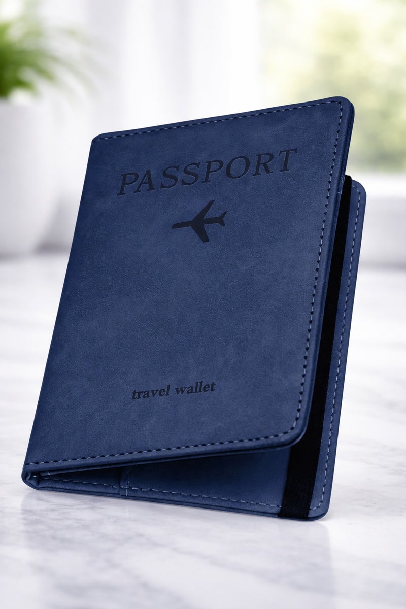 vsell24 Blue Passport Holder Wallet Cover Case with RFID Blocking, PU Leather Travel Document Holder for Men & Women - Image 1