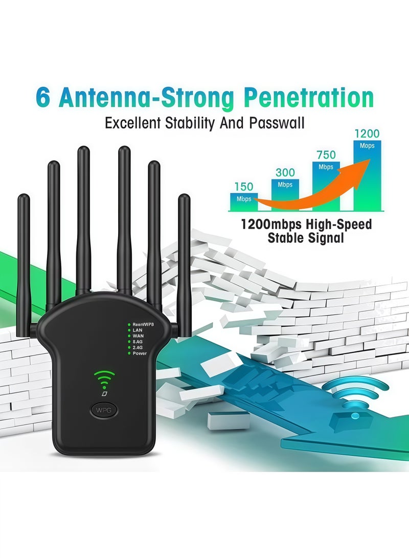AURIEL 1200Mbps Wireless WiFi Repeater, 5G/2.4G Dual Band Wireless WiFi Range Extender, 6 Antenna Wireless Signal Booster, Internet Router Extender, Ethernet Port, 3 Modes, 360 ° Full Coverage - Black - Image 2
