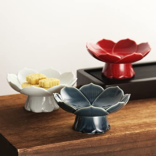 Kelendle Pedestal Fruit Bowl Centerpiece Decorative Compote Footed Bowl Ceramics Dessert Serving Bowl Tray Display Stand Lotus Drain Plate for Kitchen Counters for Fruits Breads Snacks (Blue) - Image 3