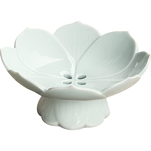 Kelendle Pedestal Fruit Bowl Centerpiece Decorative Compote Footed Bowl Ceramics Dessert Serving Bowl Tray Display Stand Lotus Drain Plate for Kitchen Counters for Fruits Breads Snacks (Blue) - Image 1