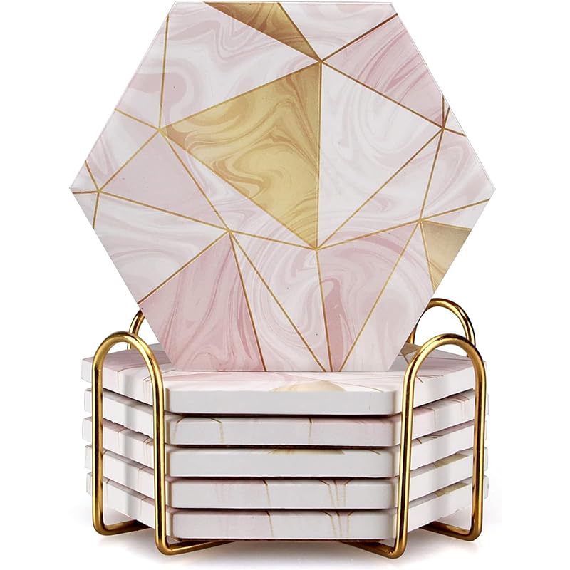 6 Pack Pink Marble Coasters with Holder Gold Absorbent Drink Unique Coaster Cute Ceramic Table Coaster Set Funny Kitchen Accessories Decorative Bar Coster Modern Coffee Table Decor Cup Coasters