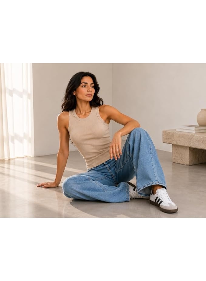 Nileton Women’s Basic Tops Ribbed Knit – Cotton Crew Neck Tank Top – Slim Fit Sleeveless Stretchy Fitted Short Length Casual Everyday Tank - Image 4
