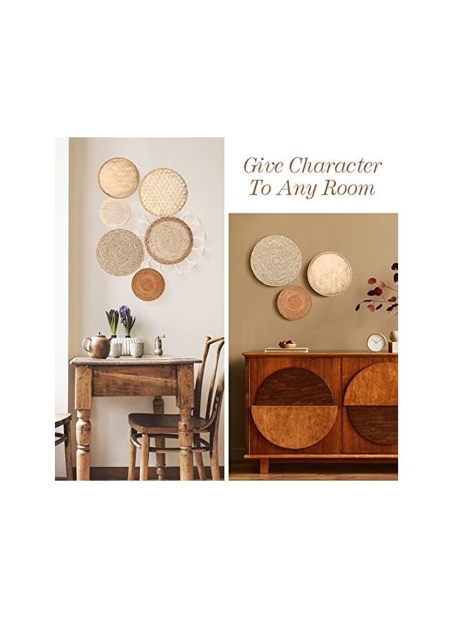 The Bros Set of 9 Wall Basket Decor Boho Wall Hanging Decor Rattan Wall Decor Flat Round Wicker Woven Macrame Tassels Tapestry Bamboo Wall Basket Serving Tray Art Handmade Set for Room Bedroom Living Room - Image 3