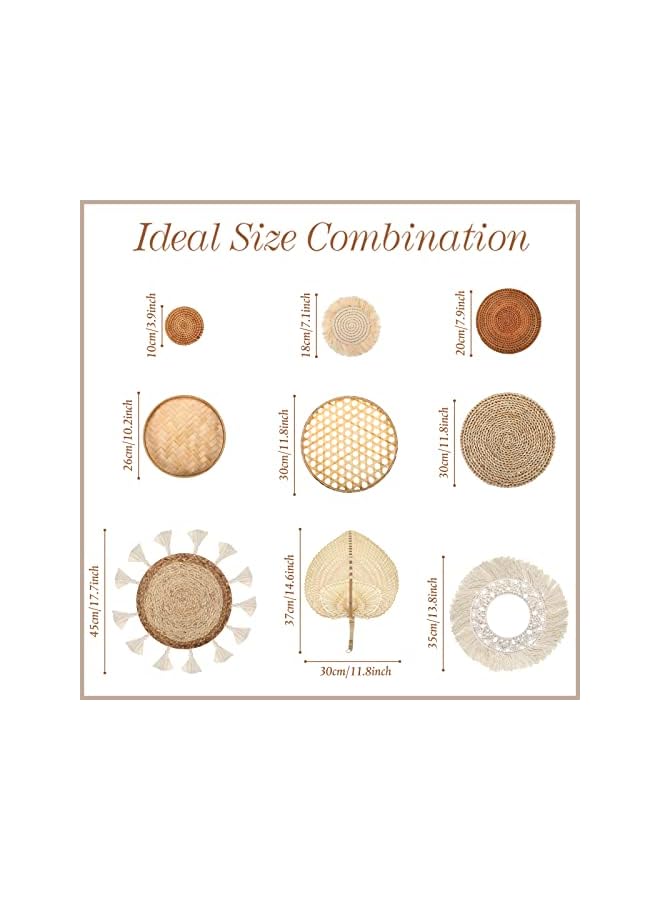 The Bros Set of 9 Wall Basket Decor Boho Wall Hanging Decor Rattan Wall Decor Flat Round Wicker Woven Macrame Tassels Tapestry Bamboo Wall Basket Serving Tray Art Handmade Set for Room Bedroom Living Room - Image 5