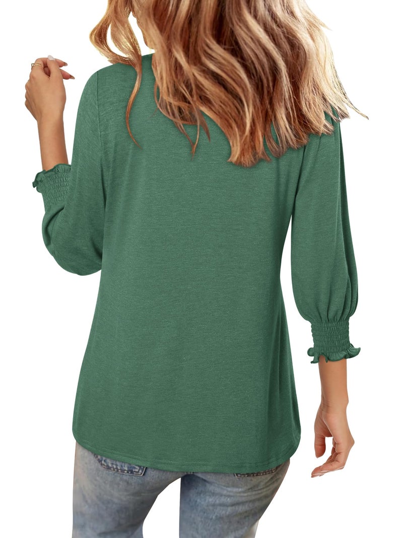 CRAZY GRID Womens Tops 3/4 Length Sleeve V Neck Front Pleated Casual Tunic Tops Basic Green Shirts Loose Fit Blouse Green Small - Image 5