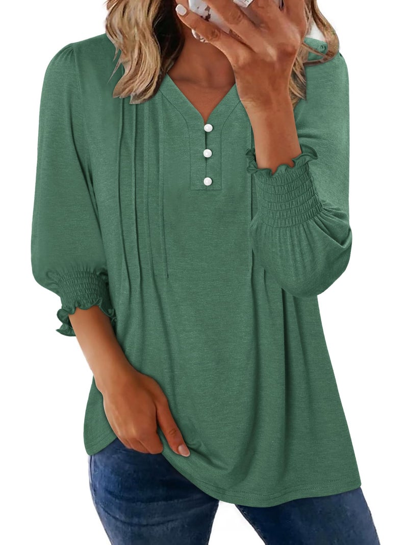 CRAZY GRID Womens Tops 3/4 Length Sleeve V Neck Front Pleated Casual Tunic Tops Basic Green Shirts Loose Fit Blouse Green Small - Image 2