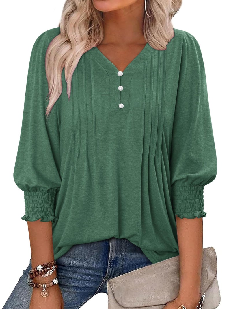 CRAZY GRID Womens Tops 3/4 Length Sleeve V Neck Front Pleated Casual Tunic Tops Basic Green Shirts Loose Fit Blouse Green Small - Image 1