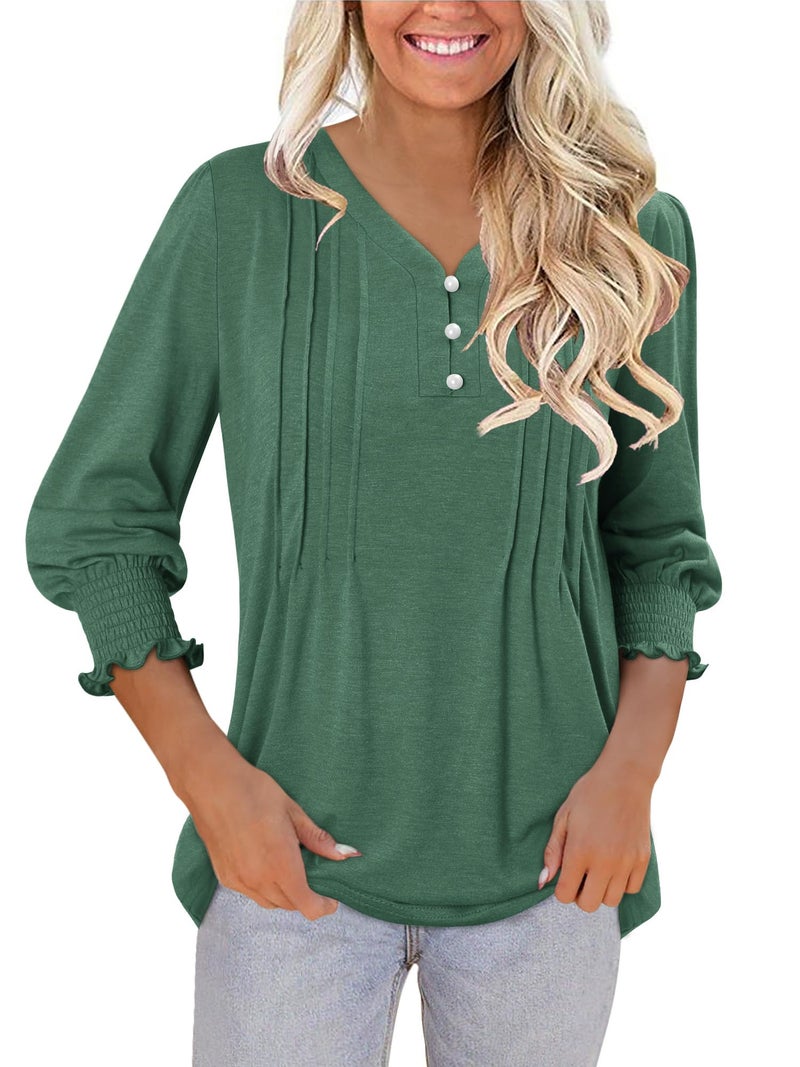 CRAZY GRID Womens Tops 3/4 Length Sleeve V Neck Front Pleated Casual Tunic Tops Basic Green Shirts Loose Fit Blouse Green Small - Image 3