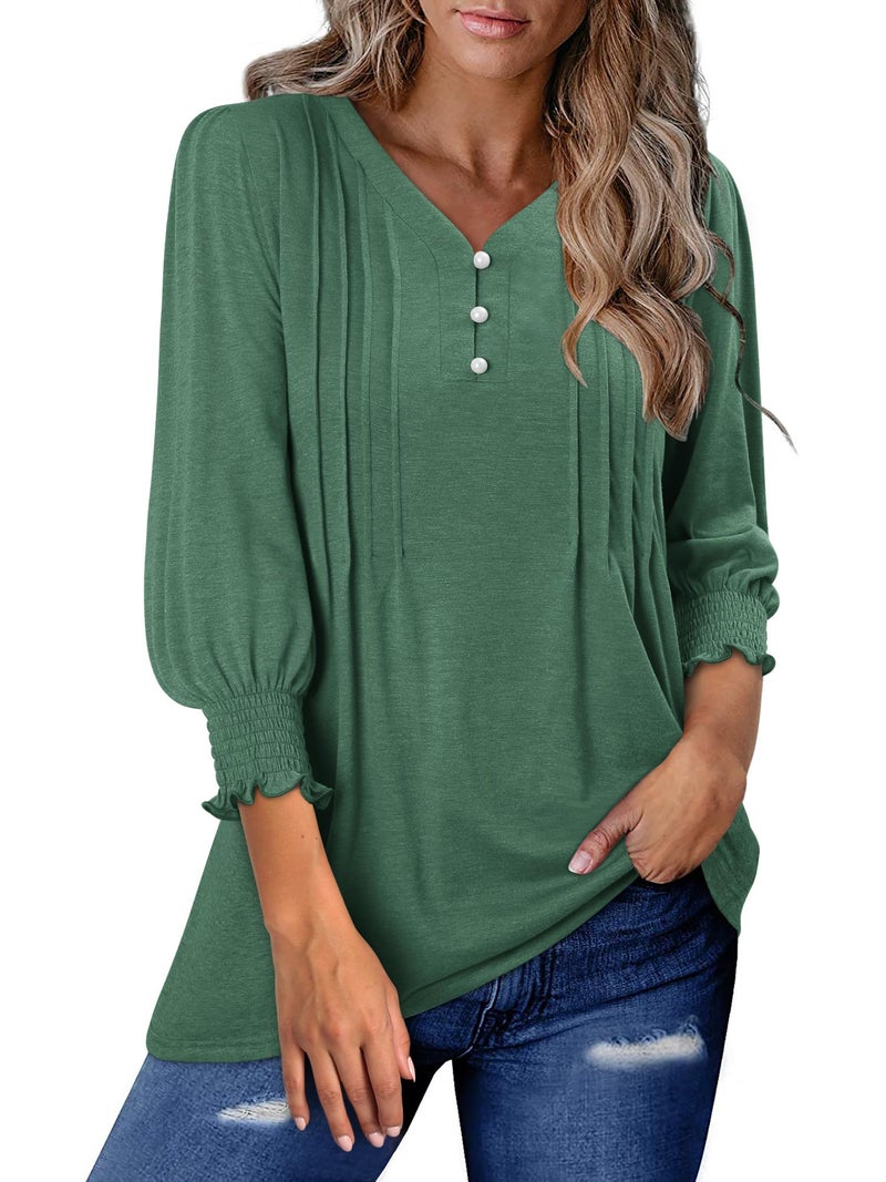 CRAZY GRID Womens Tops 3/4 Length Sleeve V Neck Front Pleated Casual Tunic Tops Basic Green Shirts Loose Fit Blouse Green Small - Image 4