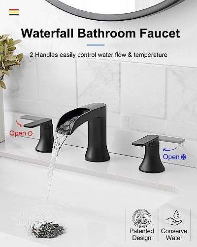 HOIGY Waterfall Bathroom Sink Faucet, Brass Black Bathroom Faucet, 4-8 Inch 2 Handles Widespread Bathroom Faucets for Sink 3 Hole Vanity Lavatory Farmhouse RV with Pop Up Drain and Supply Hose - Image 2