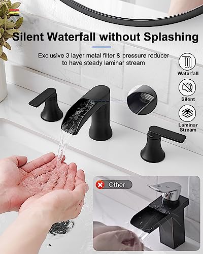 HOIGY Waterfall Bathroom Sink Faucet, Brass Black Bathroom Faucet, 4-8 Inch 2 Handles Widespread Bathroom Faucets for Sink 3 Hole Vanity Lavatory Farmhouse RV with Pop Up Drain and Supply Hose - Image 3