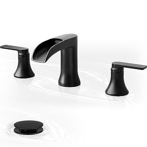 HOIGY Waterfall Bathroom Sink Faucet, Brass Black Bathroom Faucet, 4-8 Inch 2 Handles Widespread Bathroom Faucets for Sink 3 Hole Vanity Lavatory Farmhouse RV with Pop Up Drain and Supply Hose - Image 1