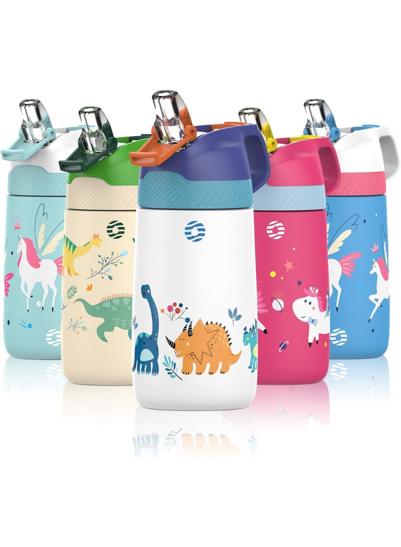 FjBottle Kids Stainless Steel Water Bottles with Straw, 12 oz Leak Proof Insulated Water Bottle Double Wall Keep Hot Cold Drinks Thermos Toddler Bottle with Handle BPA-Free for School - Image 1