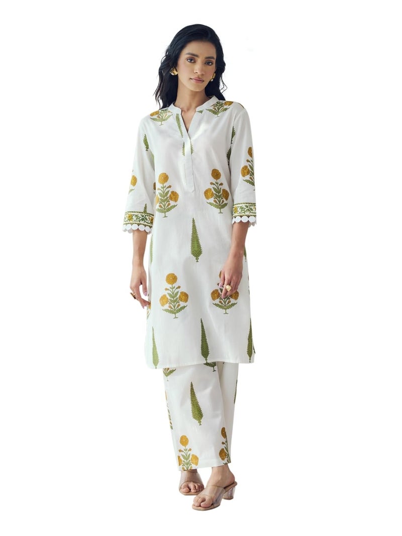 FIORRA Women's Off-White Floral Print Cotton Straight Kurta Set SET0201 - Image 1
