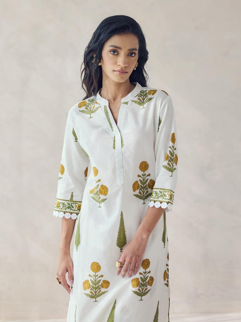 FIORRA Women's Off-White Floral Print Cotton Straight Kurta Set SET0201 - Image 5