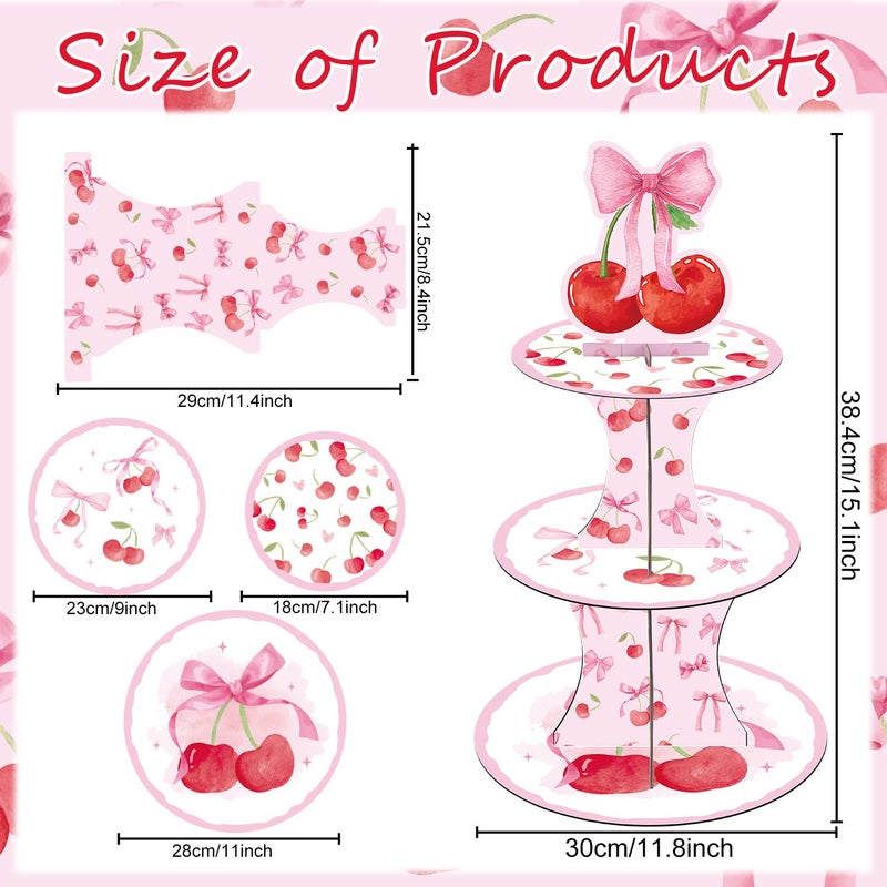 Keluna Cherry Bow Birthday Party Decorations - 3 Tier Pink Bow Cupcake Stand She's The Cherry Theme Party Supplies Dessert Tower Holder for Birthday Baby Shower Wedding Decorations - Image 2