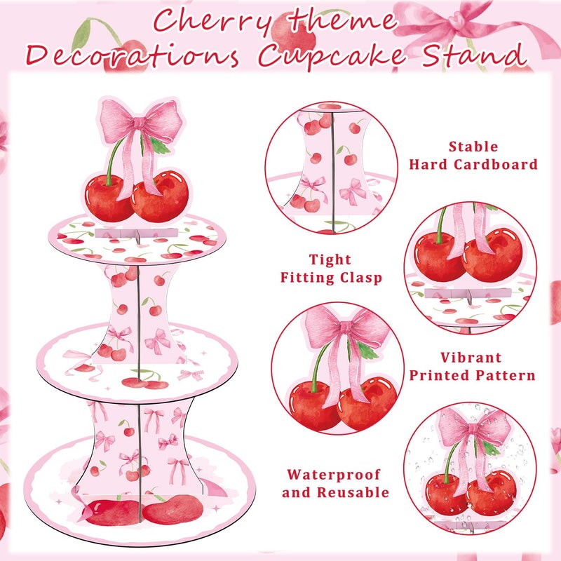 Keluna Cherry Bow Birthday Party Decorations - 3 Tier Pink Bow Cupcake Stand She's The Cherry Theme Party Supplies Dessert Tower Holder for Birthday Baby Shower Wedding Decorations - Image 3