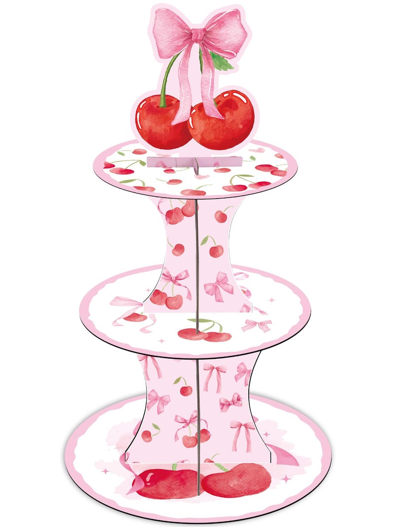 Keluna Cherry Bow Birthday Party Decorations - 3 Tier Pink Bow Cupcake Stand She's The Cherry Theme Party Supplies Dessert Tower Holder for Birthday Baby Shower Wedding Decorations - Image 1