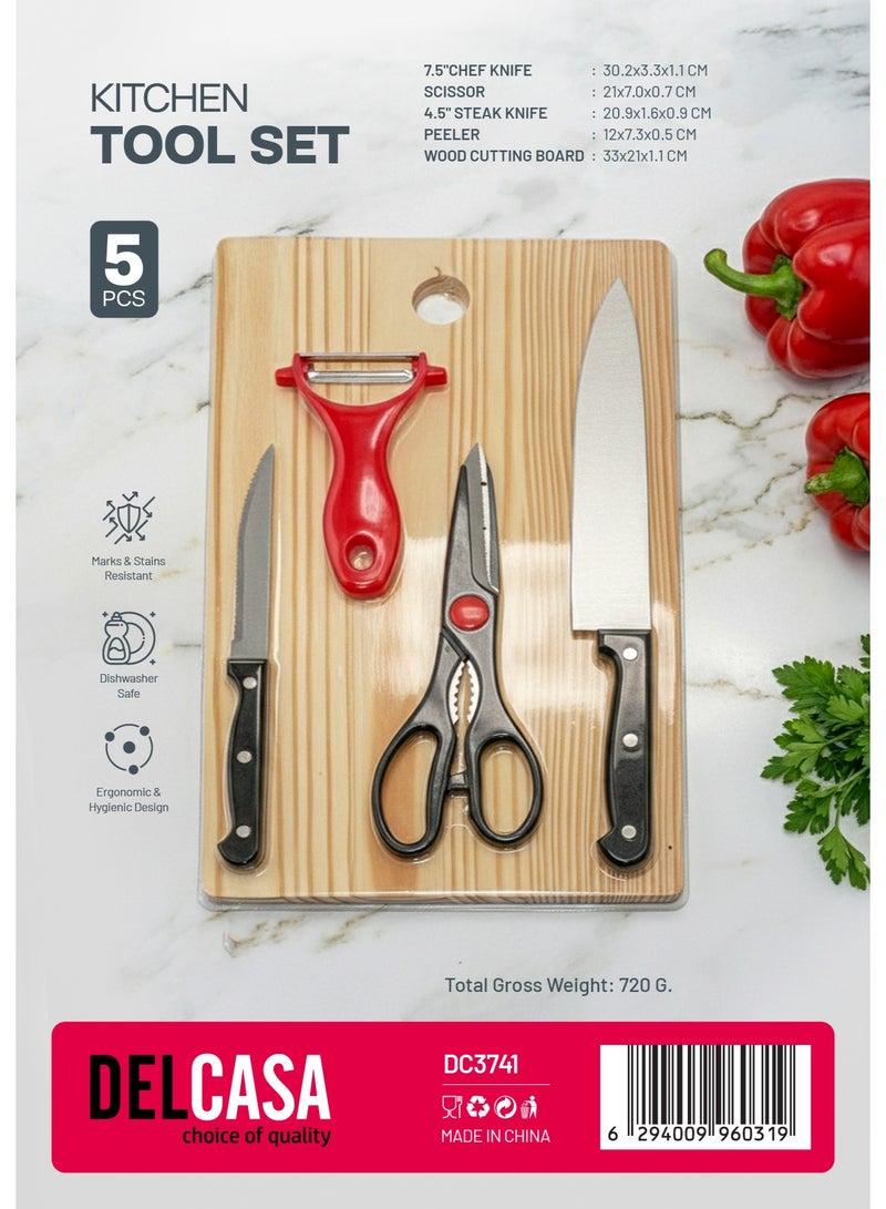 Delcasa 5-piece Kitchen Tool Set- DC3741/ Includes 7.5" Chef and 4.5" Steak Knife, Scissors, Peeler, Wooden Cutting Board