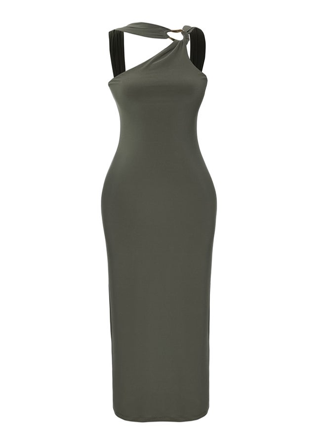 Khaki Fitted Accessory Detailed Knitted Stylish Dress