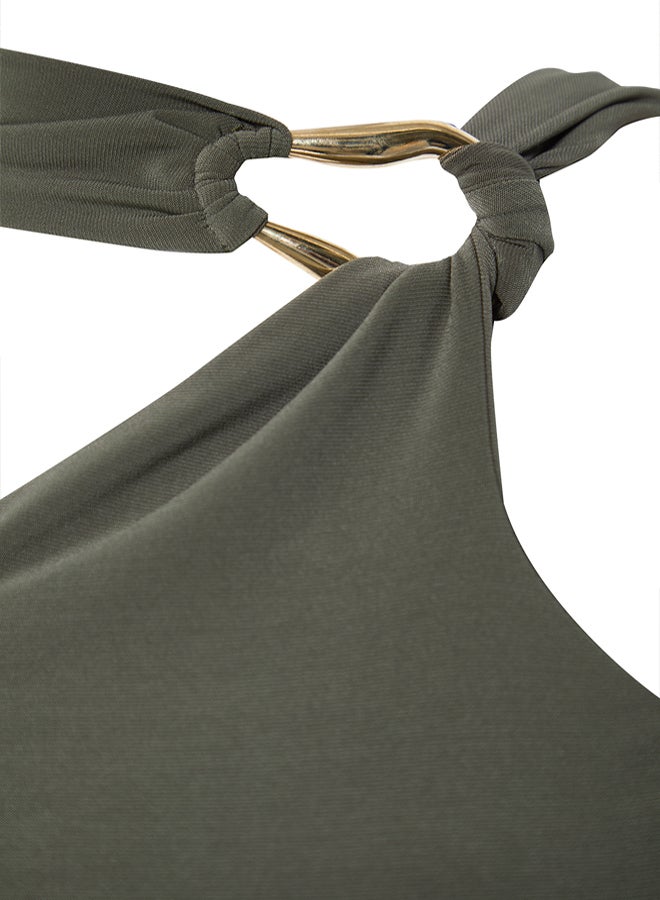 Khaki Fitted Accessory Detailed Knitted Stylish Dress