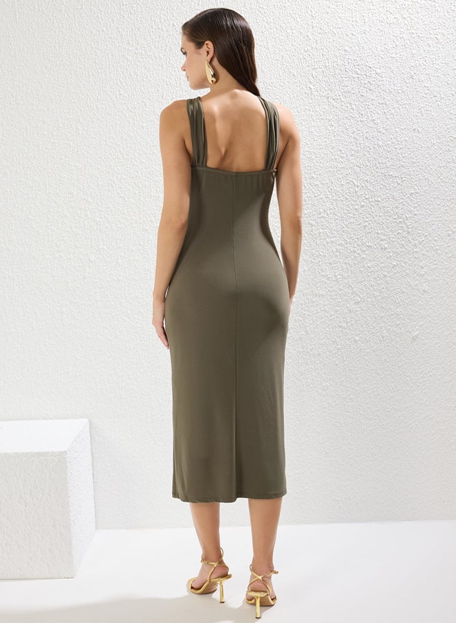Khaki Fitted Accessory Detailed Knitted Stylish Dress