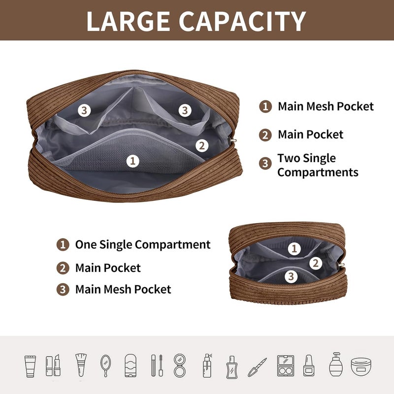 MAGEFY Small Makeup Bag for Purse Mini Cosmetics Bag Corduroy Cute Cosmetic Pouch for Women with Slip-in Pockets (Brown), Small-Brown-1pcs, Well-made Compact Size Corduroy Makeup Bags for Storage & - Image 5