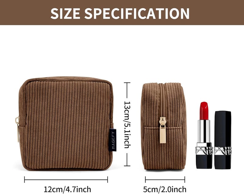 MAGEFY Small Makeup Bag for Purse Mini Cosmetics Bag Corduroy Cute Cosmetic Pouch for Women with Slip-in Pockets (Brown), Small-Brown-1pcs, Well-made Compact Size Corduroy Makeup Bags for Storage & - Image 2