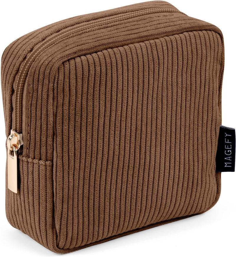 MAGEFY Small Makeup Bag for Purse Mini Cosmetics Bag Corduroy Cute Cosmetic Pouch for Women with Slip-in Pockets (Brown), Small-Brown-1pcs, Well-made Compact Size Corduroy Makeup Bags for Storage & - Image 1
