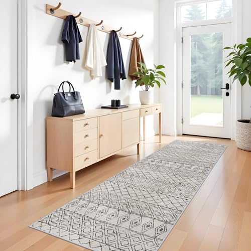 BYYVOO 3x10 Runner Rug for Hallway: Washable Rug Runners Low Pile Rug with Rubber Backing Floor Mat Non Slip Moroccan Indoor Carpet for Kitchen Bedroom Entryway 3x10 Geo Grey - Image 1