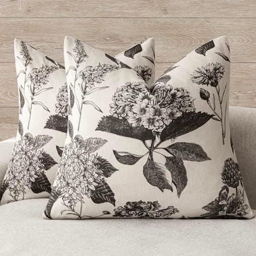 Foindtower Set of 2 Linen Floral Vintage Throw Pillow Covers Neutral Accent Print Decorative Cushion Covers Farmhouse Boho Home Decor for Sofa Chair Couch Bedroom Living Room2020 InchBlack - Image 1