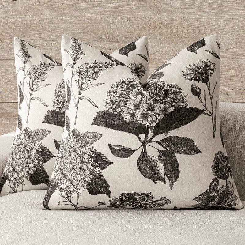 Foindtower Set of 2 Linen Floral Vintage Throw Pillow Covers Neutral Accent Print Decorative Cushion Covers Farmhouse Boho Home Decor for Sofa Chair Couch Bedroom Living Room2020 InchBlack - Image 2