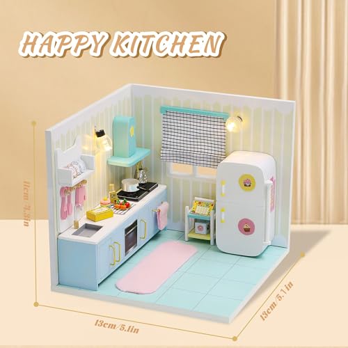 Kisoy Dollhouse Miniature with Furniture Kit DIY 3D Wooden DIY House Kit A Corner of a Small Apartment Style with Dust Cover LEDHandmade Tiny House Toys for Kids Adults Gift Kitchen - Image 5