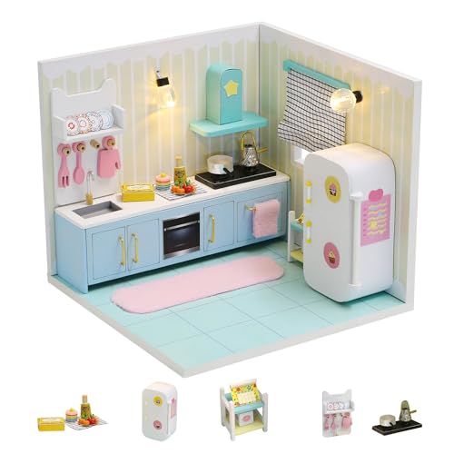 Kisoy Dollhouse Miniature with Furniture Kit DIY 3D Wooden DIY House Kit A Corner of a Small Apartment Style with Dust Cover LEDHandmade Tiny House Toys for Kids Adults Gift Kitchen - Image 1