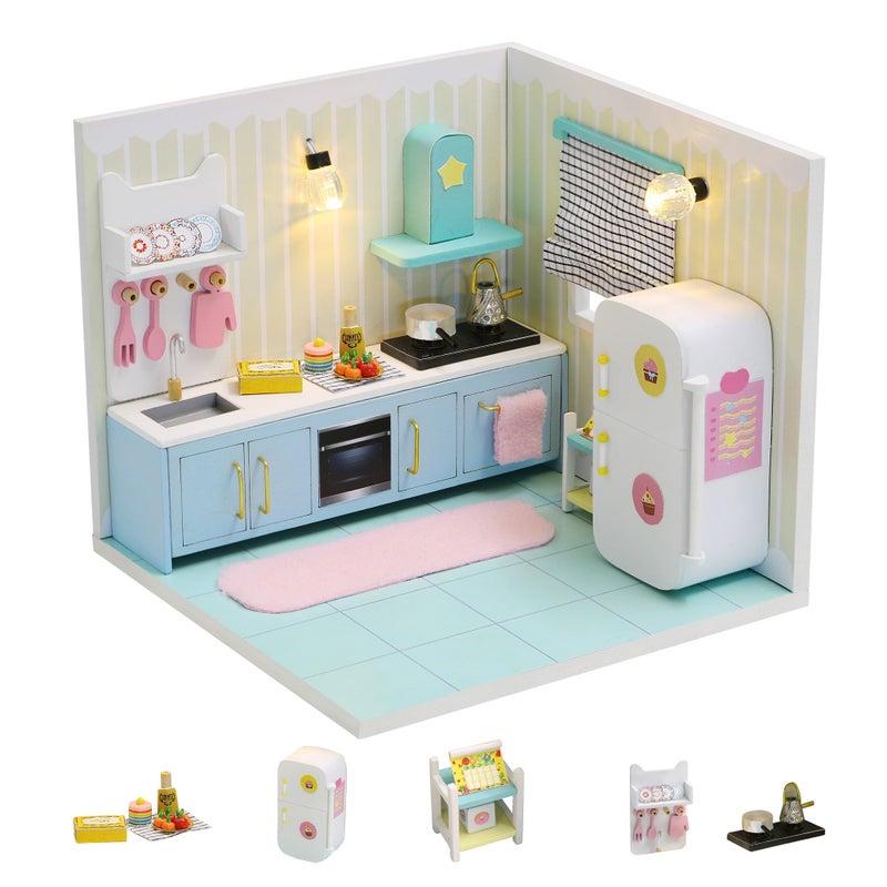 Kisoy Dollhouse Miniature with Furniture Kit DIY 3D Wooden DIY House Kit A Corner of a Small Apartment Style with Dust Cover LEDHandmade Tiny House Toys for Kids Adults Gift Kitchen - Image 3