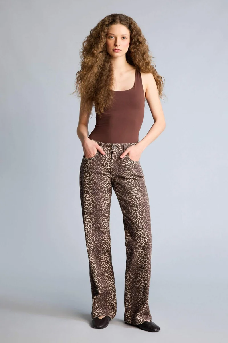 DeFacto Wide Leg Animal Print Gabardine Trousers