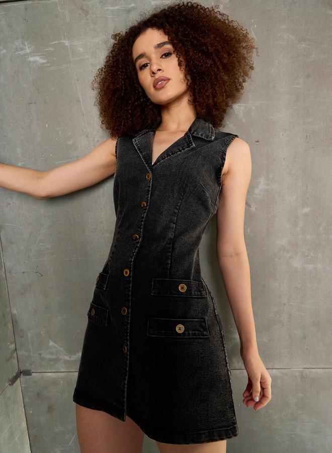 Sassafras Black Sleeveless Denim Mini Dress - Image 1