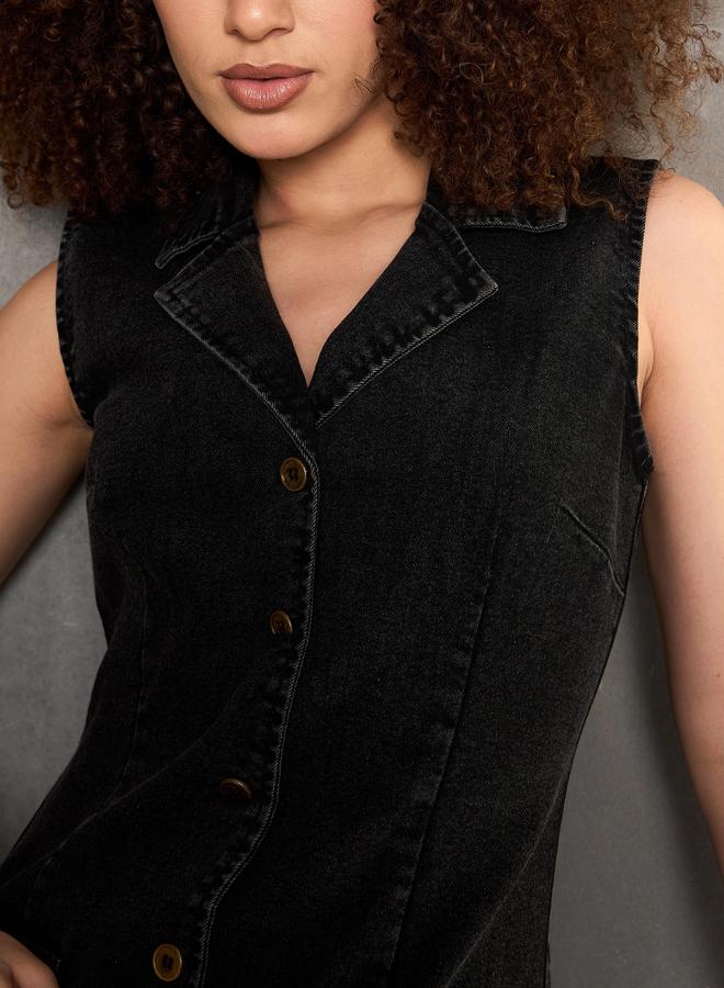 Sassafras Black Sleeveless Denim Mini Dress - Image 4