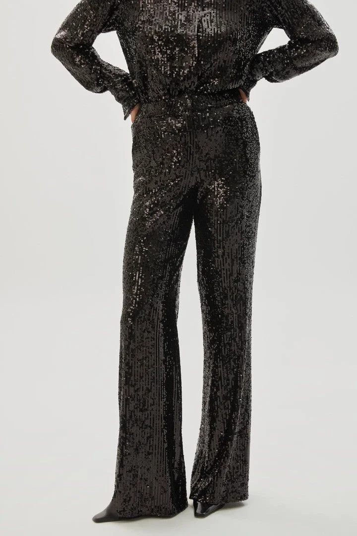 EXQUISE Lined Sequined Wide Leg Black Trousers