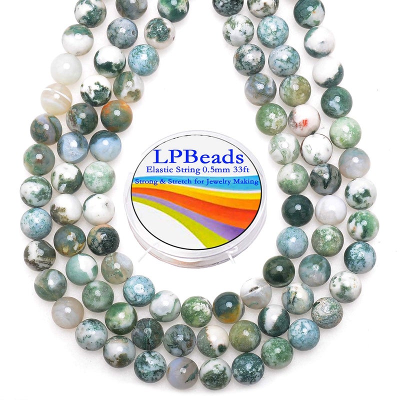 LPBeads 100pcs Polished 8mm Round Natural Tree Agate Gemstone Loose Beads with Stretch Cord for Jewelry Making Bracelets