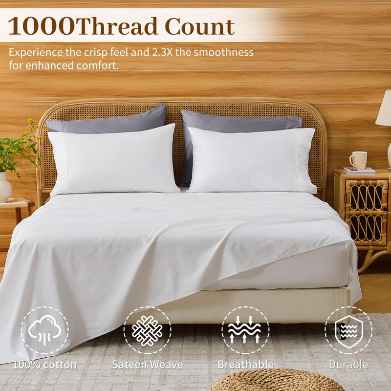 Bedlifes Egyptian Cotton Sheets 1000 Thread Count King Size, 4-Piece 16" Deep Pocket - Cooling & Breathable Ultra Soft Bedding for Hotel Comfort (White) - Image 2