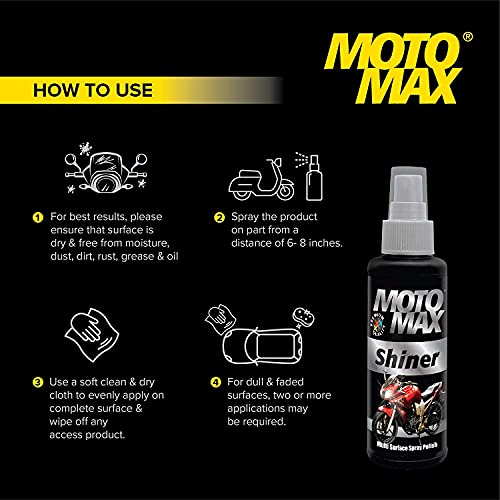 Motomax Shiner Multi surface Spray Polish 100ml|Instantly Cleans, Polishes and Shines Motorbikes, Scooters, Cars | Useful for Plastic, Metal, Tyre & Rubber Parts, - Image 3