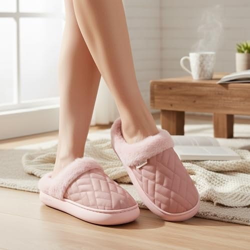 VRITRAZ Women’s Winter Wear Slippers | Warm Soft Indoor Outdoor Shoes | Fur Lined Anti-Slip Cozy Footwear | Comfortable Quilted Thermal House Shoes (Pink – Size 10) - Image 3