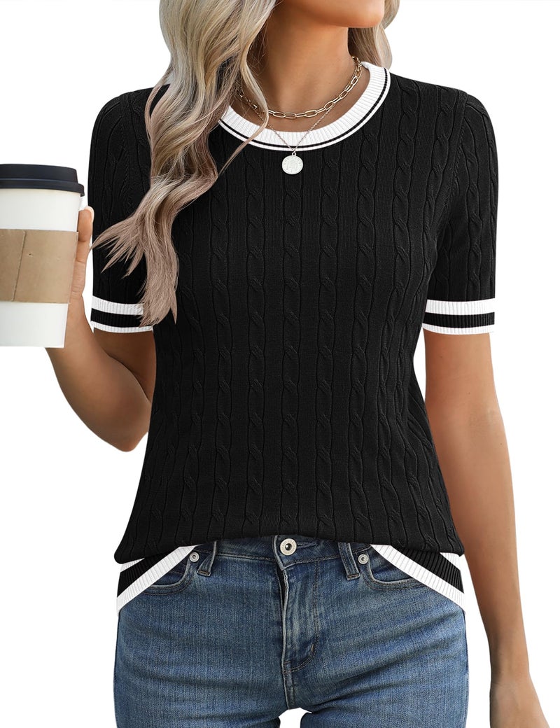 Micoson Womens Black and White Sweater Short Sleeve Summer Crew Neck Dressy Casual Soft Knit Pullover Tops Trendy Blouses L - Image 1